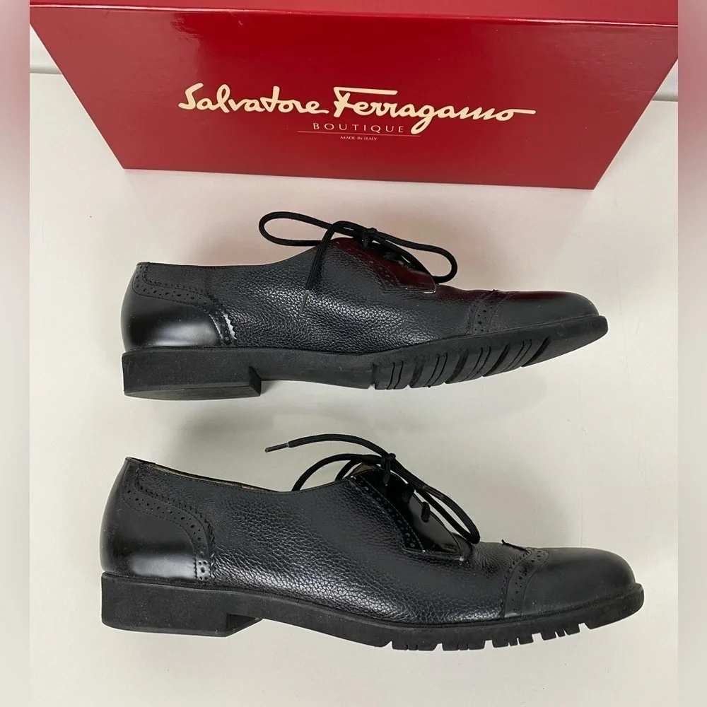 Salvatore Ferragamo Ferrara Women's 7 1/2 AA Black Leather Oxford Lace Up Shoes - Picture 5 of 14